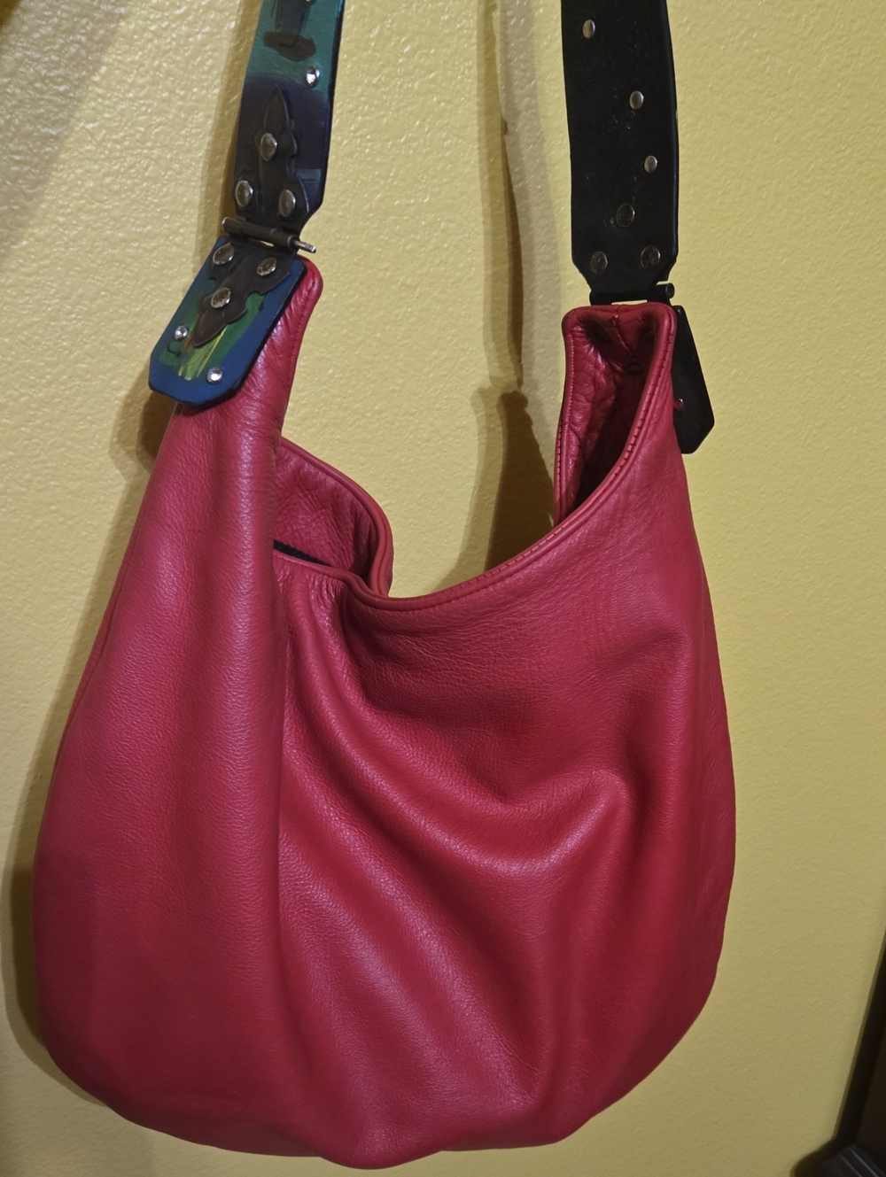 Large Fine Red Leather Shoulder Hobo Bag Vintage Hand Paint Strap Katie Kalsi
